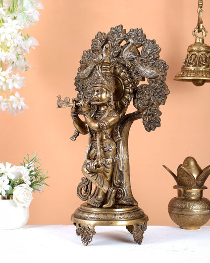 Brass Lord Krishna under Kalpavriksha 18" - Budhshiv.com