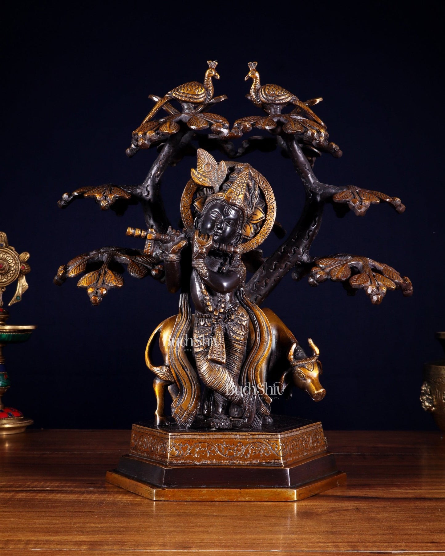 Brass Lord Krishna with Cow and tree statue black 13 inch - Budhshiv.com