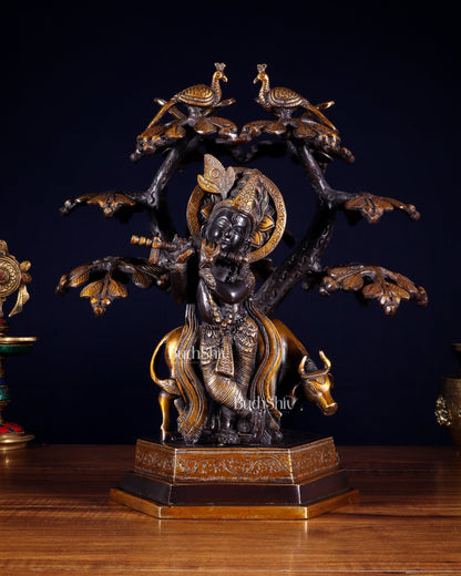 Brass Lord Krishna with Cow and tree statue black 13 inch - Budhshiv.com