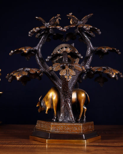 Brass Lord Krishna with Cow and tree statue black 13 inch - Budhshiv.com
