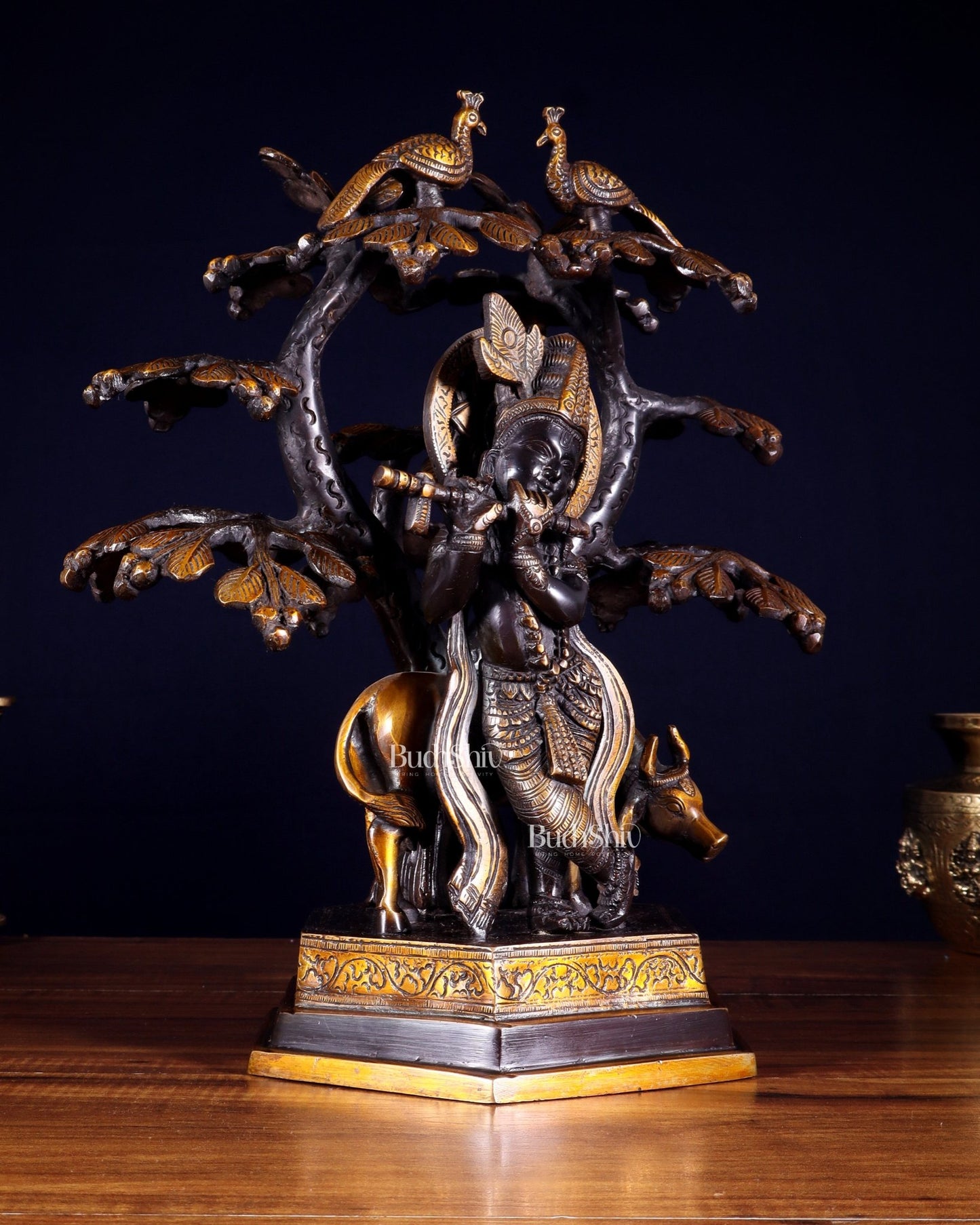 Brass Lord Krishna with Cow and tree statue black 13 inch - Budhshiv.com