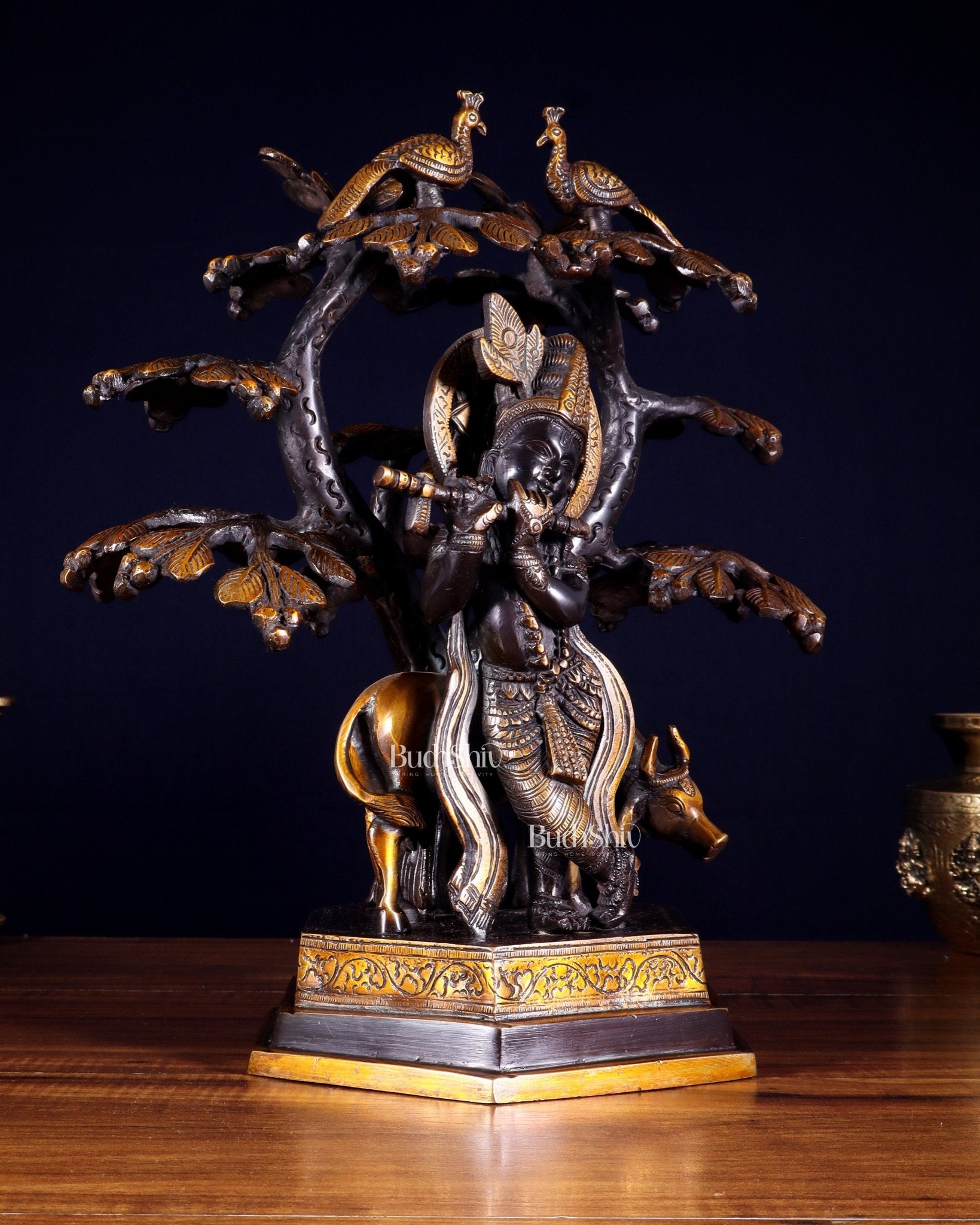 Brass Lord Krishna with Cow and tree statue black 13 inch - Budhshiv.com