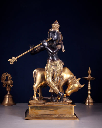 Brass Lord Krishna with Cow – Black Finish Statue 18 inch - Budhshiv.com