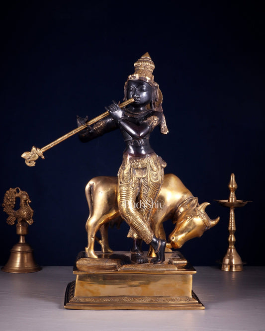 Brass Lord Krishna with Cow – Black Finish Statue 18 inch - Budhshiv.com