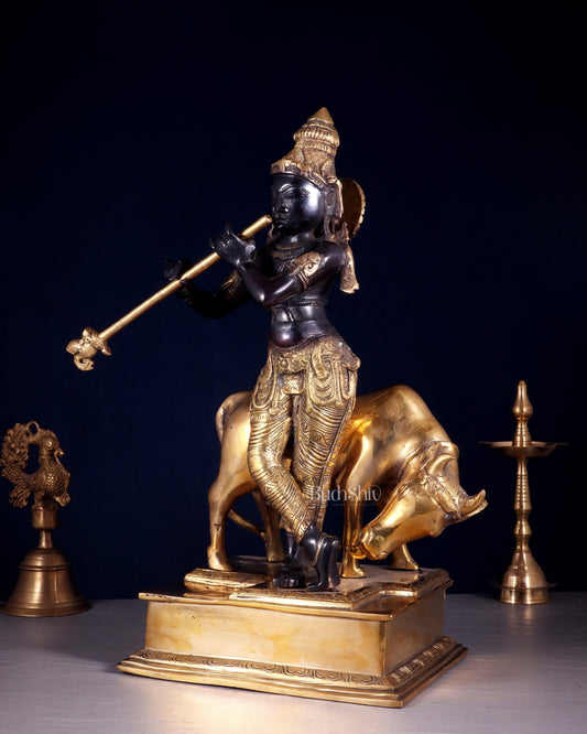 Brass Lord Krishna with Cow – Black Finish Statue 18 inch - Budhshiv.com