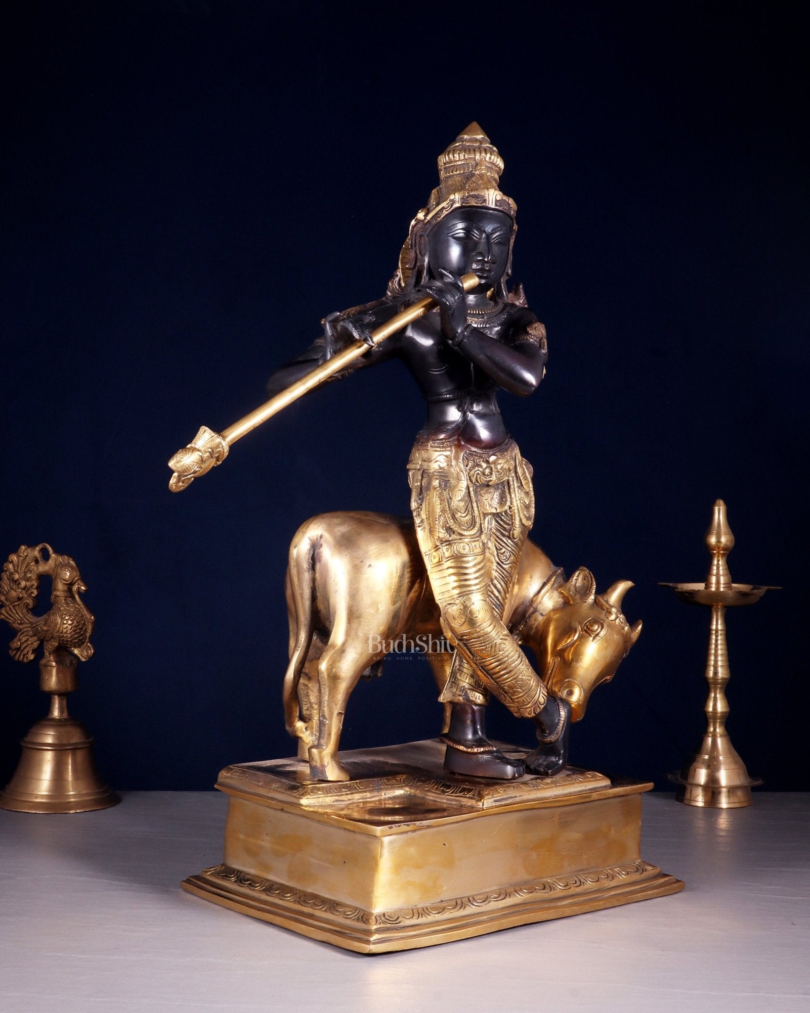 Brass Lord Krishna with Cow – Black Finish Statue 18 inch - Budhshiv.com