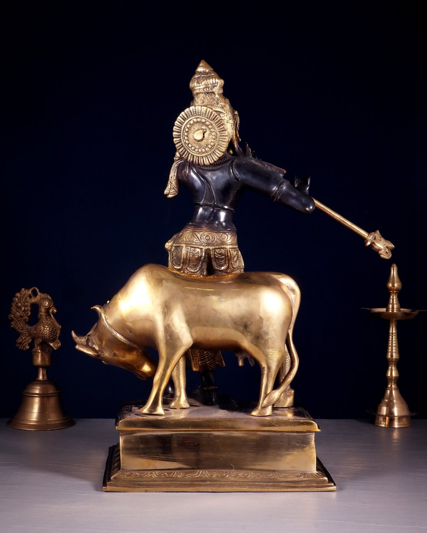 Brass Lord Krishna with Cow – Black Finish Statue 18 inch - Budhshiv.com