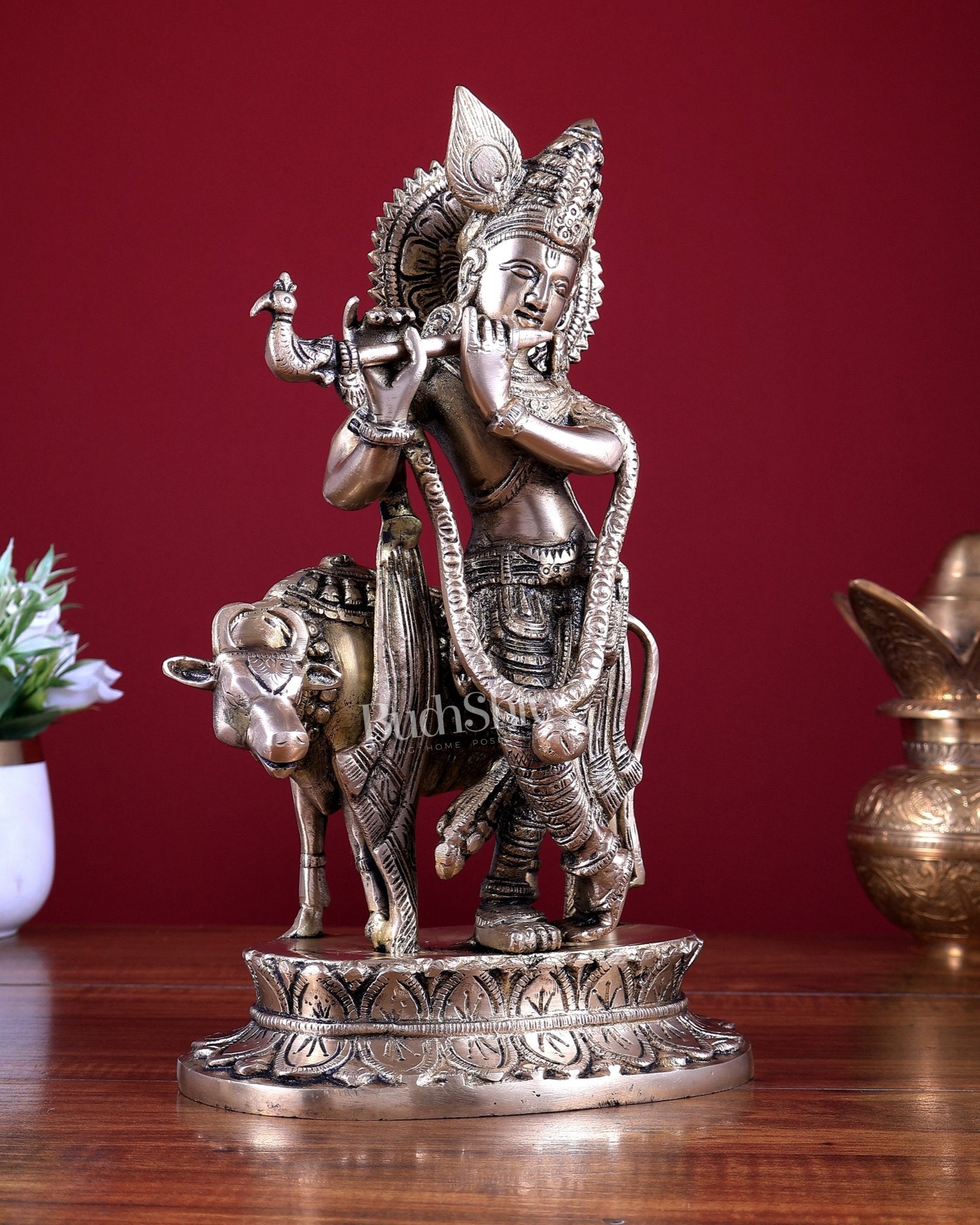 Brass Lord Krishna with Cow Idol 11.75 inch - Budhshiv.com