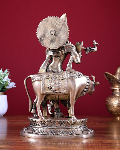 Brass Lord Krishna with Cow Idol 11.75 inch - Budhshiv.com