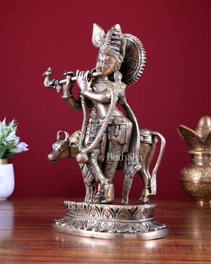 Brass Lord Krishna with Cow Idol 11.75 inch - Budhshiv.com