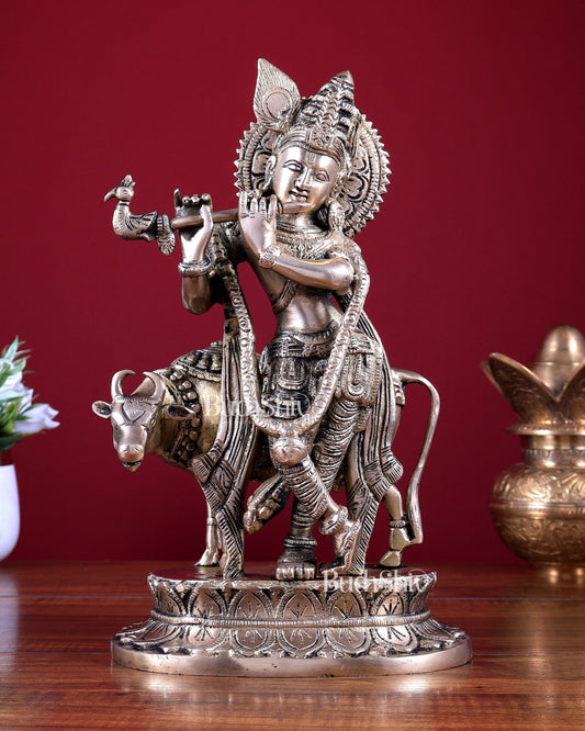 Brass Lord Krishna with Cow Idol 11.75 inch - Budhshiv.com