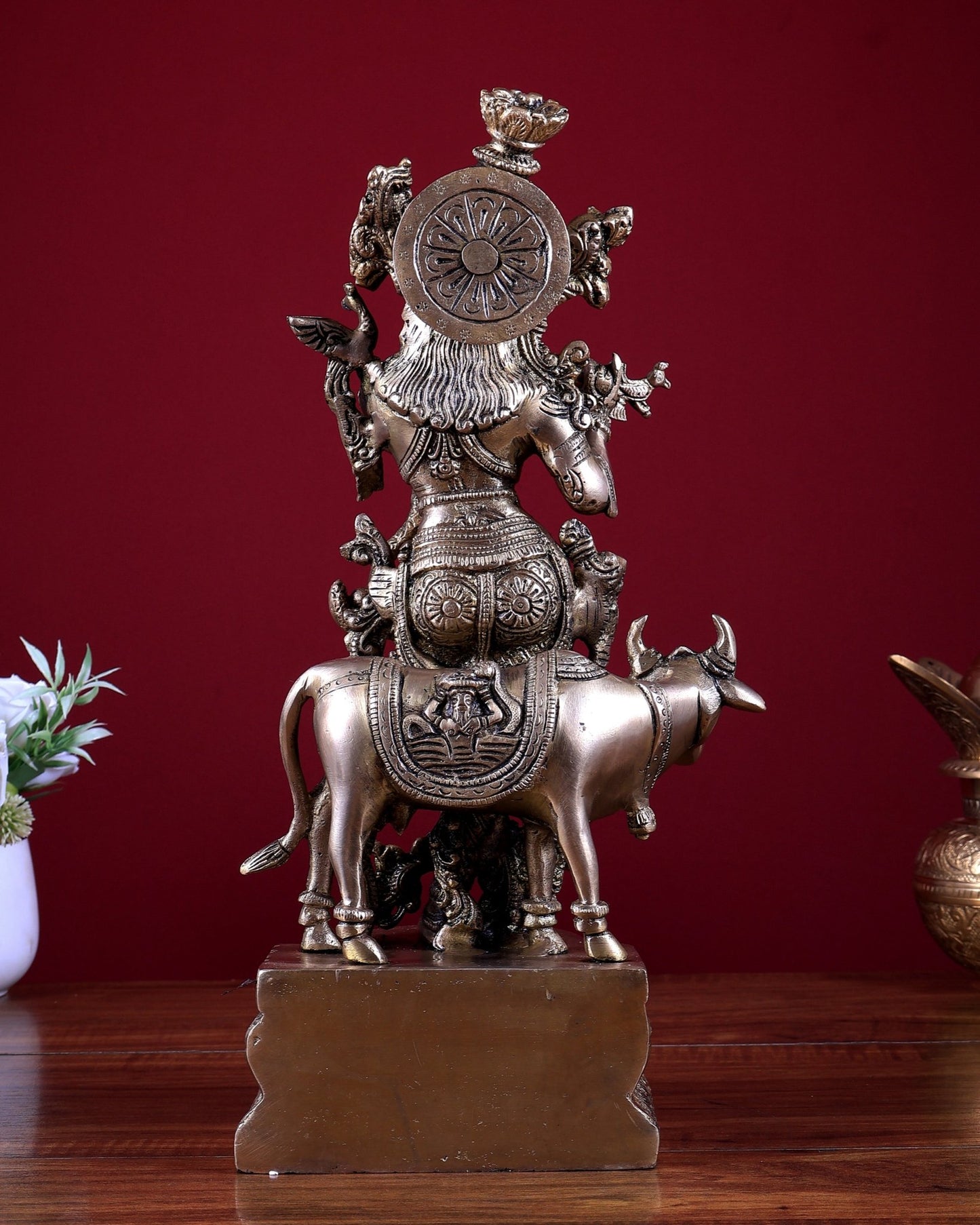 Brass Lord Krishna with Cow Idol 14 inch - Budhshiv.com