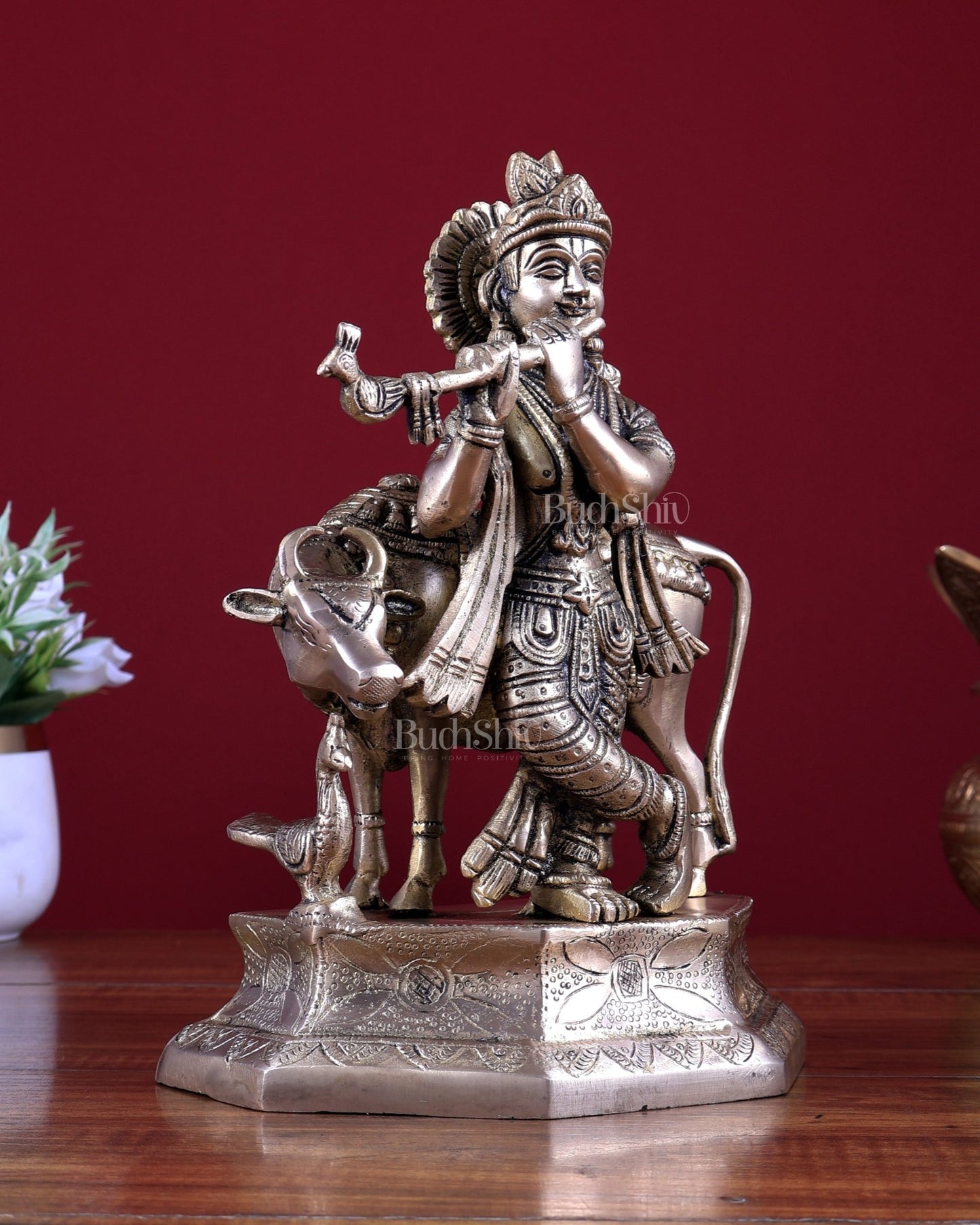 Brass Lord Krishna with Cow Idol 9.5 inch - Budhshiv.com