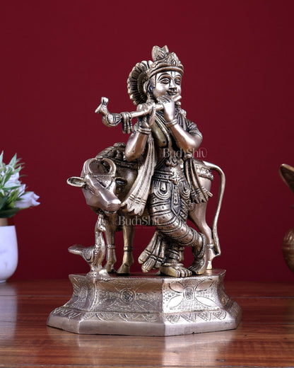 Brass Lord Krishna with Cow Idol 9.5 inch - Budhshiv.com