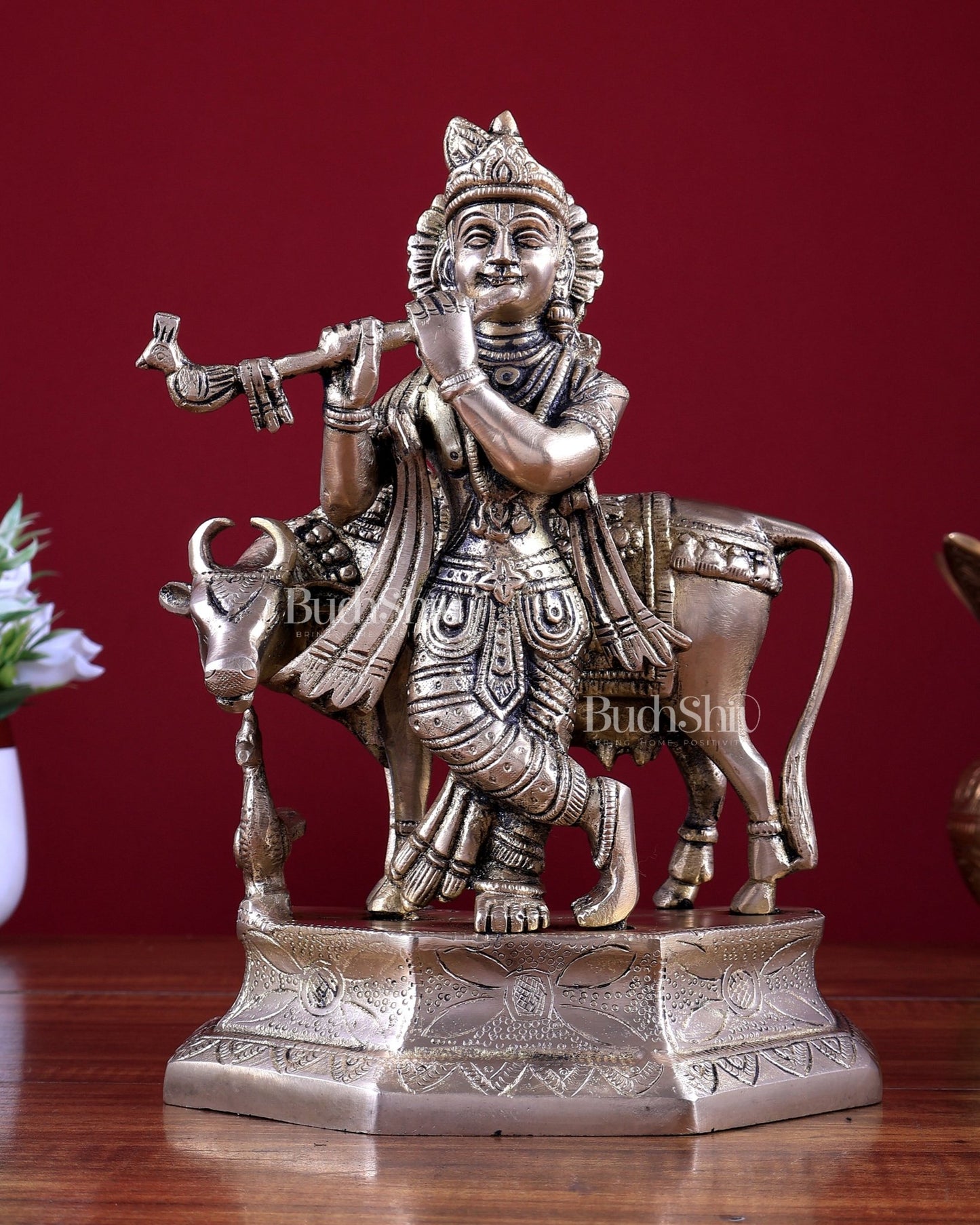 Brass Lord Krishna with Cow Idol 9.5 inch - Budhshiv.com
