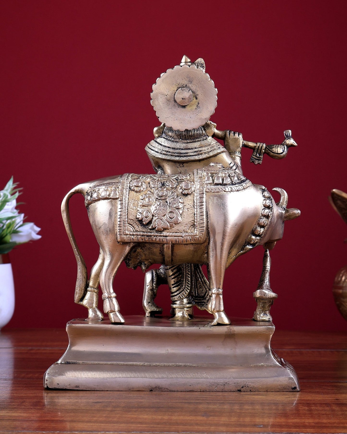Brass Lord Krishna with Cow Idol 9.5 inch - Budhshiv.com
