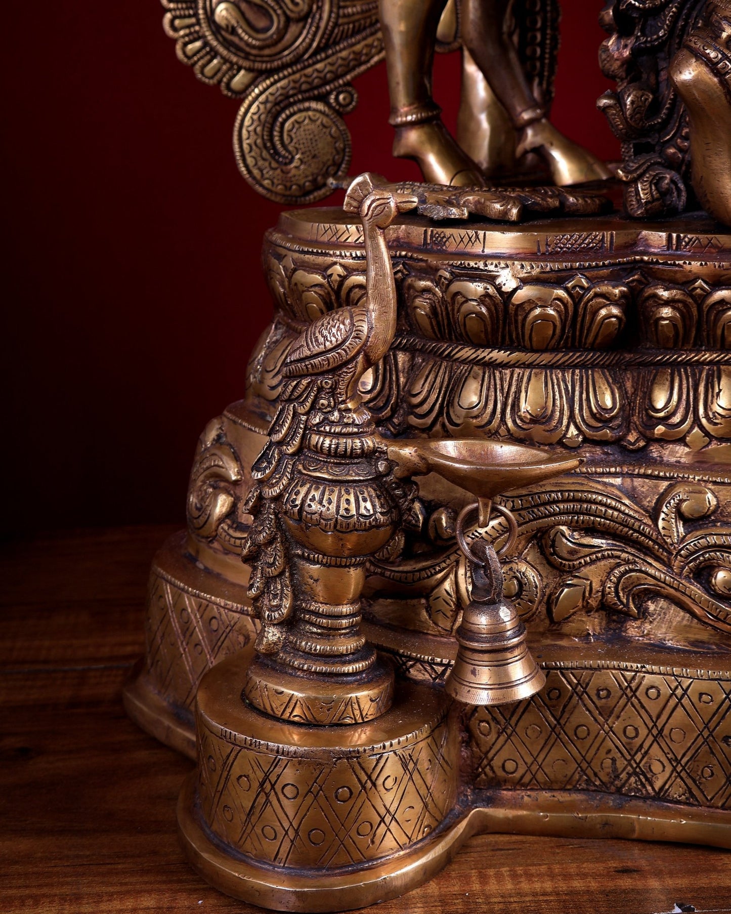 Brass Lord Krishna with Cow on Grand Kirtimukha Pedestal with Twin Peacock Lamps 37.6 inch - Budhshiv.com