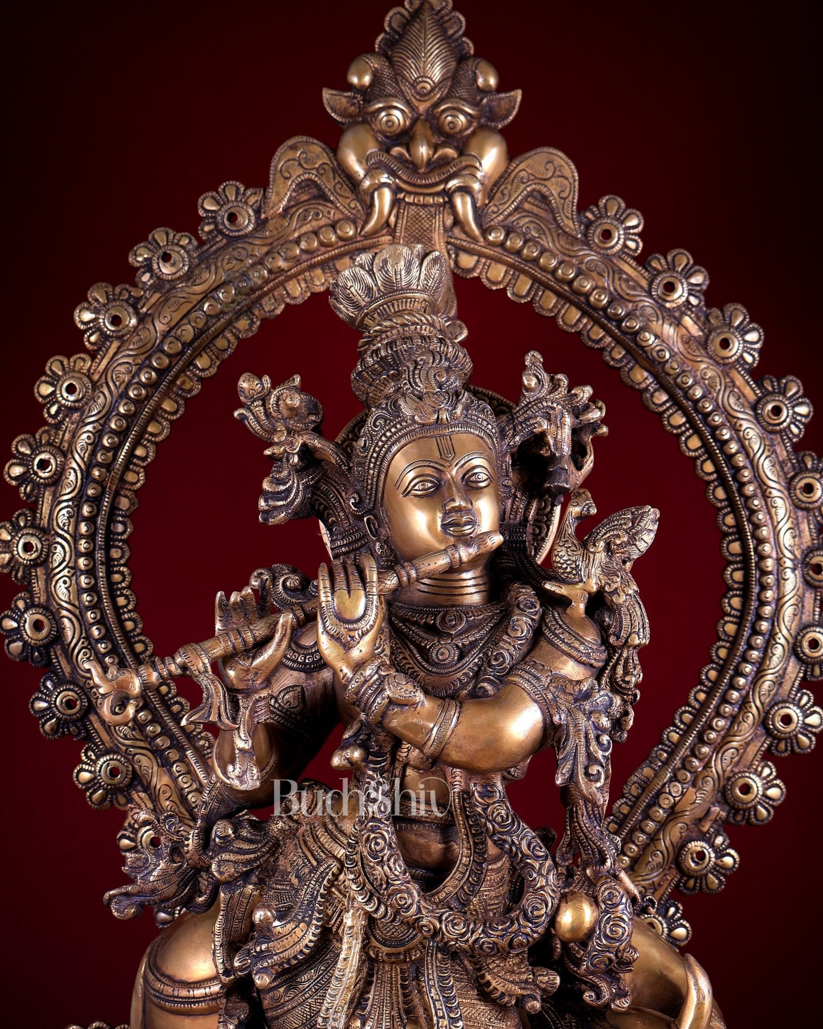 Brass Lord Krishna with Cow on Grand Kirtimukha Pedestal with Twin Peacock Lamps 37.6 inch - Budhshiv.com