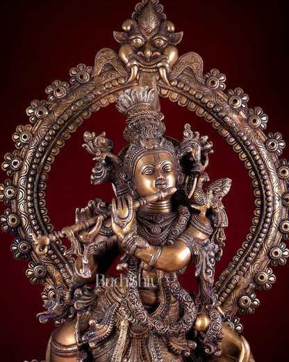 Brass Lord Krishna with Cow on Grand Kirtimukha Pedestal with Twin Peacock Lamps 37.6 inch - Budhshiv.com