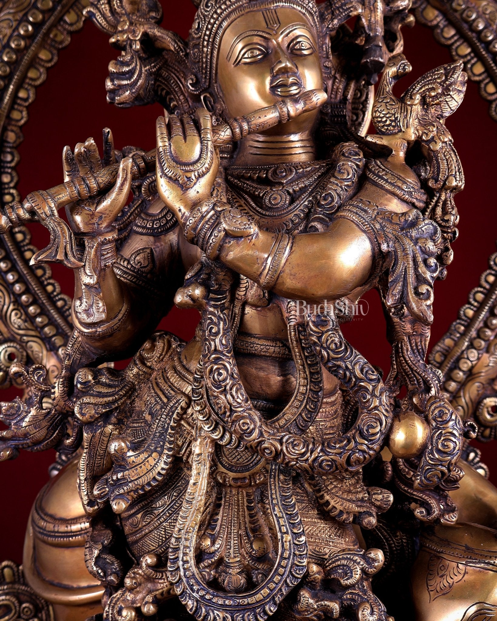 Brass Lord Krishna with Cow on Grand Kirtimukha Pedestal with Twin Peacock Lamps 37.6 inch - Budhshiv.com