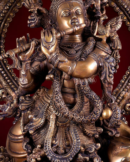 Brass Lord Krishna with Cow on Grand Kirtimukha Pedestal with Twin Peacock Lamps 37.6 inch - Budhshiv.com