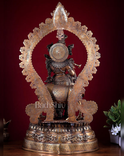 Brass Lord Krishna with Cow on Grand Kirtimukha Pedestal with Twin Peacock Lamps 37.6 inch - Budhshiv.com