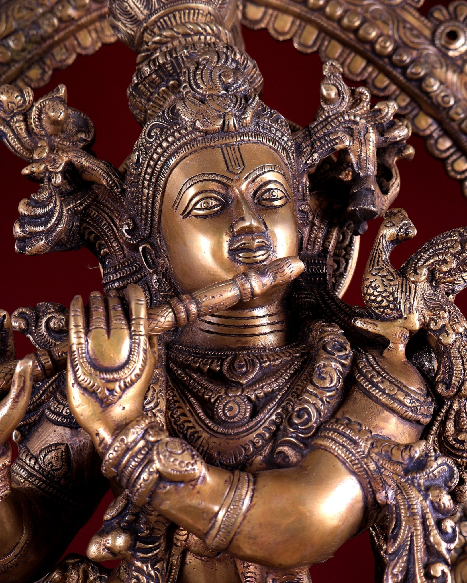 Brass Lord Krishna with Cow on Grand Kirtimukha Pedestal with Twin Peacock Lamps 37.6 inch - Budhshiv.com