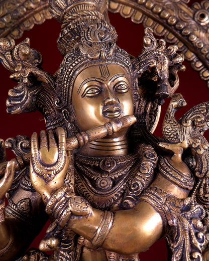 Brass Lord Krishna with Cow on Grand Kirtimukha Pedestal with Twin Peacock Lamps 37.6 inch - Budhshiv.com