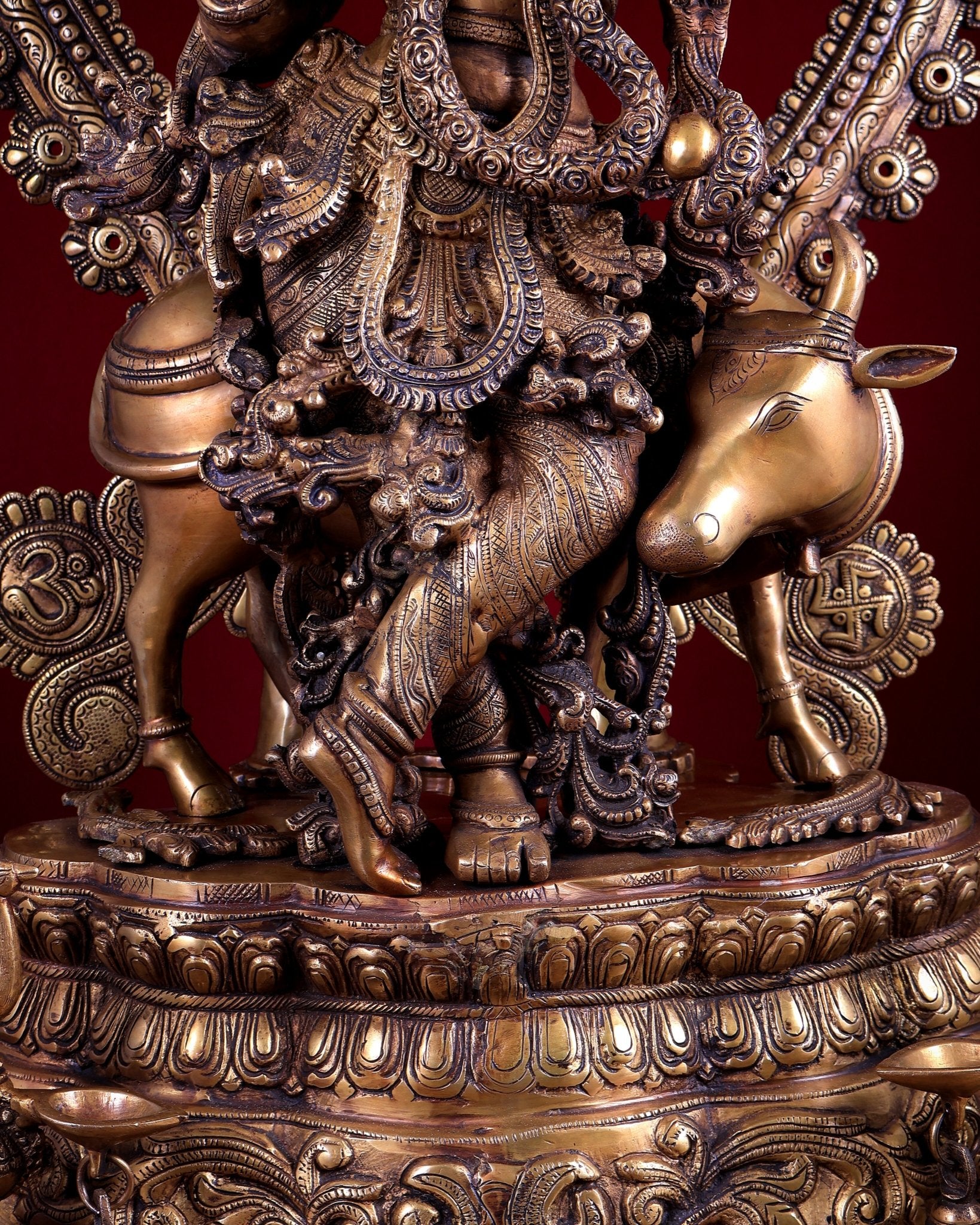 Brass Lord Krishna with Cow on Grand Kirtimukha Pedestal with Twin Peacock Lamps 37.6 inch - Budhshiv.com