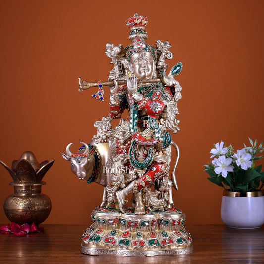 Brass Lord Krishna with Cow Statue - 17" with stonework - Budhshiv.com