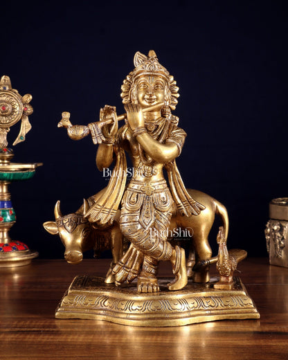 Brass Lord Krishna with Cow Statue Idol Murti 8 inch - Budhshiv.com