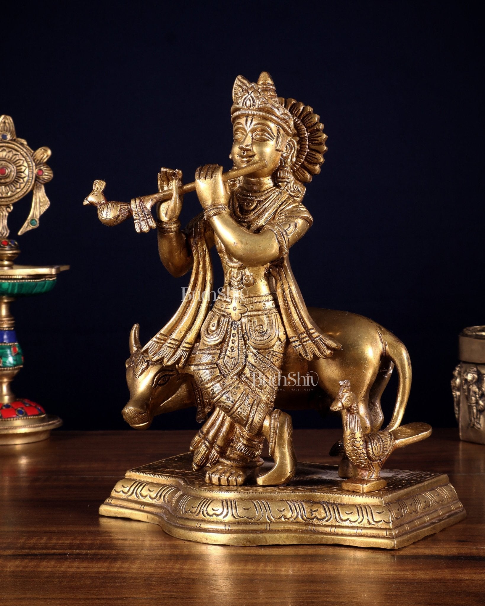 Brass Lord Krishna with Cow Statue Idol Murti 8 inch - Budhshiv.com
