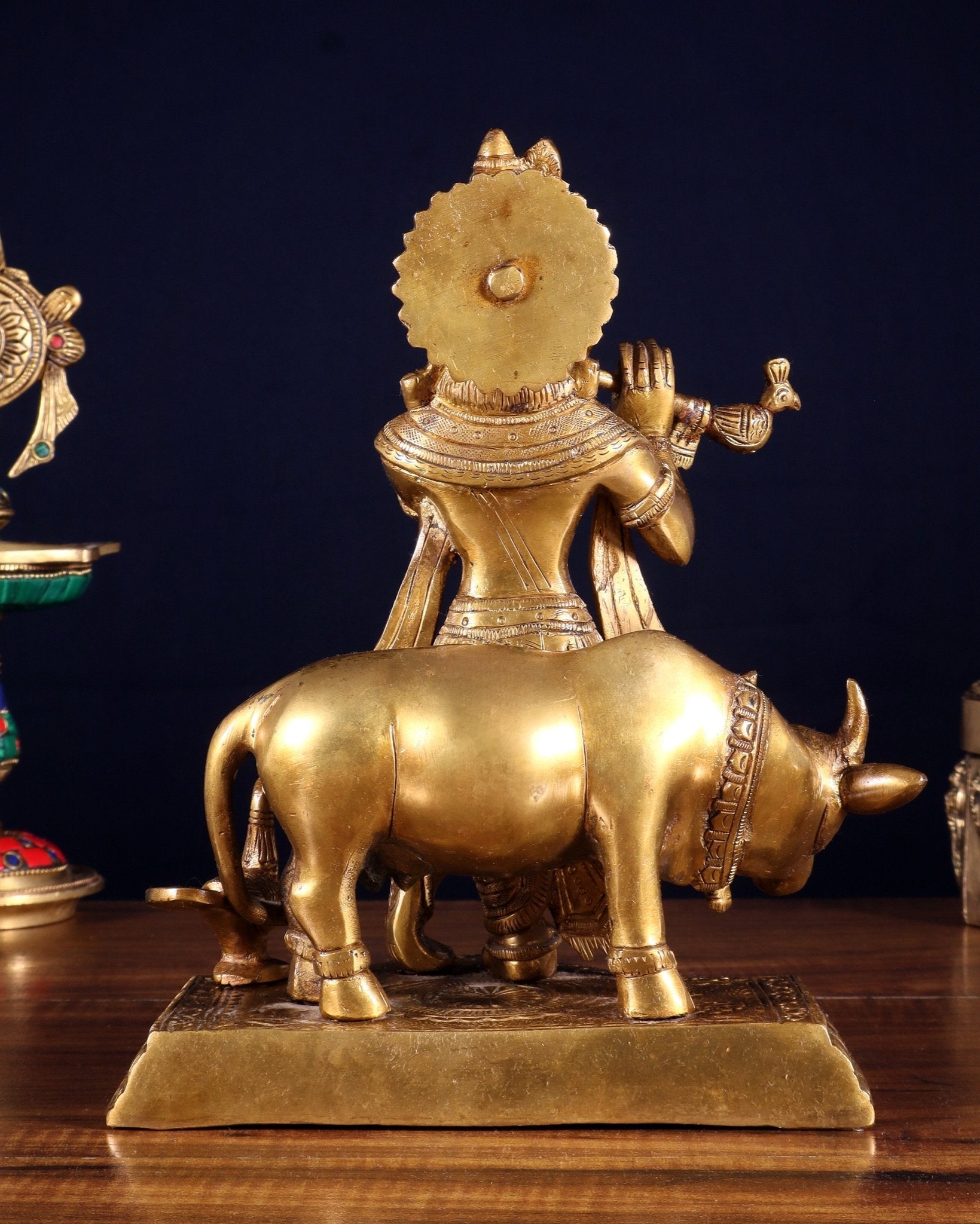 Brass Lord Krishna with Cow Statue Idol Murti 8 inch - Budhshiv.com