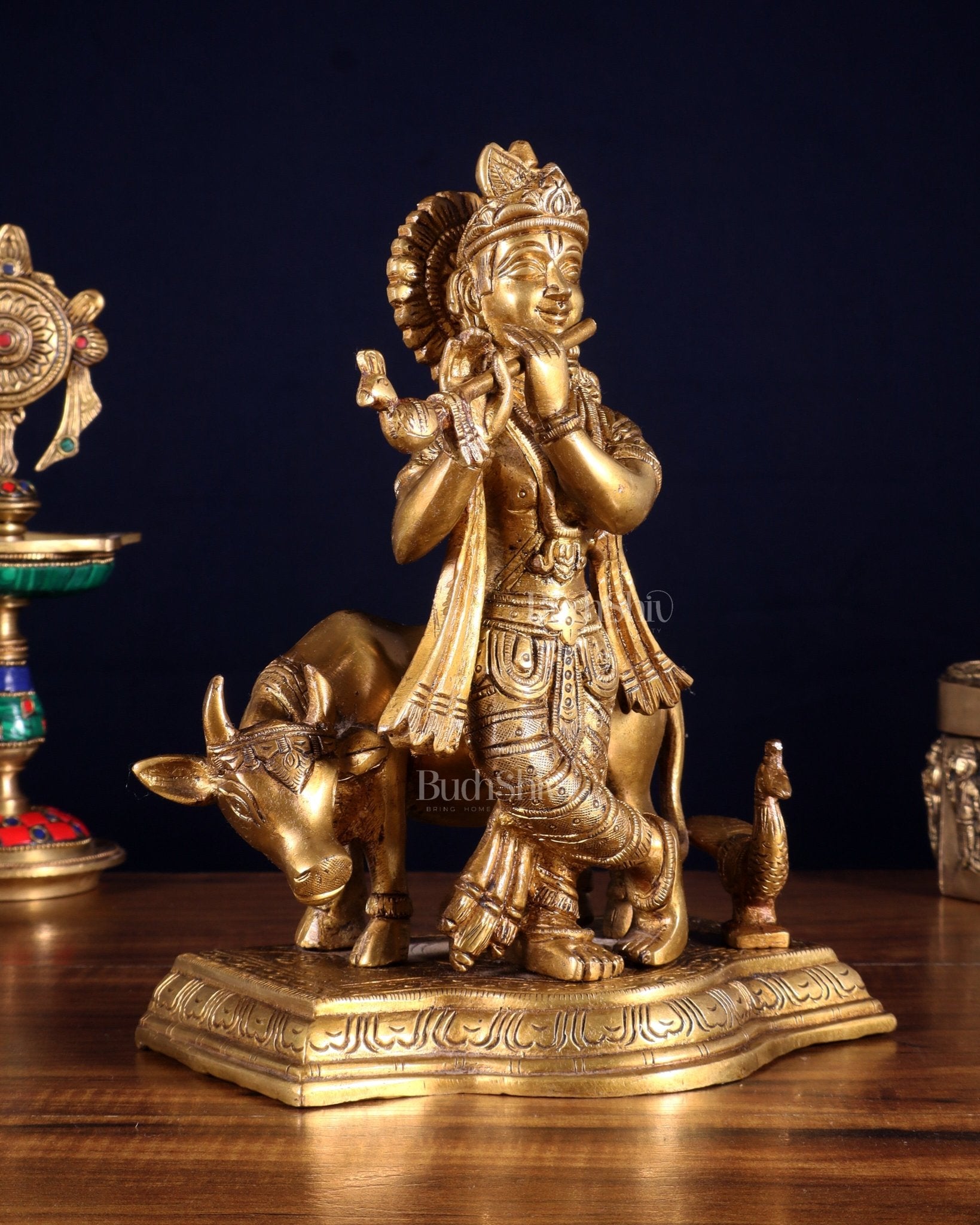 Brass Lord Krishna with Cow Statue Idol Murti 8 inch - Budhshiv.com
