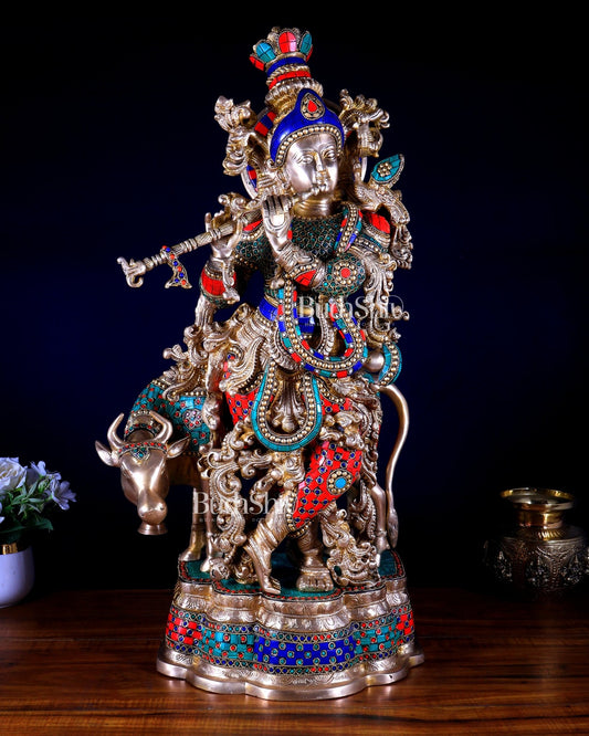 Brass Lord Krishna with cow Statue multicolour meenakari Stonework 26 inch - Budhshiv.com