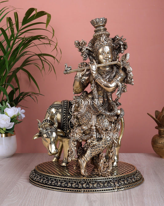 Brass Lord Krishna with Cow Superfine Statue (16 Inch, 5.35 Kg) - Budhshiv.com