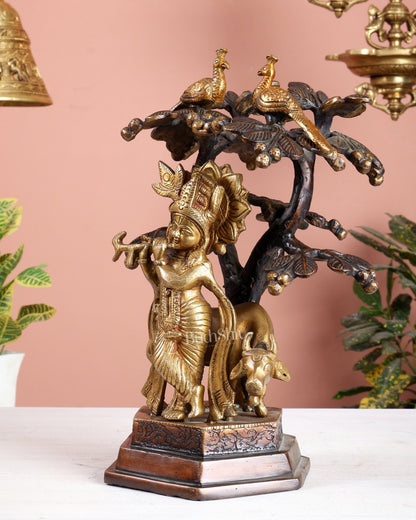 Brass Lord Krishna with Cow Under kadamba Tree Idol 11 inch - Budhshiv.com