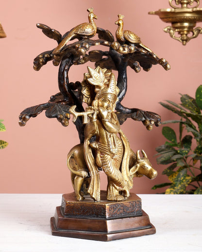Brass Lord Krishna with Cow Under kadamba Tree Idol 11 inch - Budhshiv.com