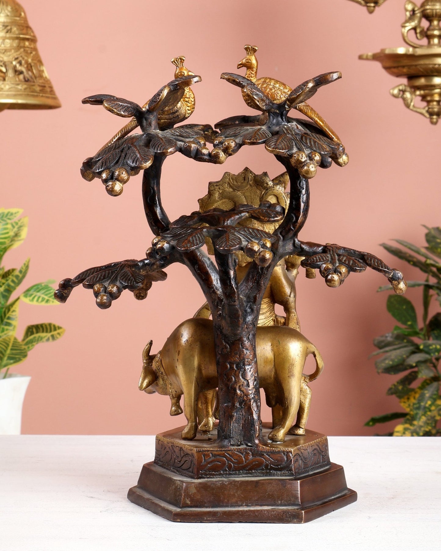 Brass Lord Krishna with Cow Under kadamba Tree Idol 11 inch - Budhshiv.com