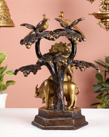 Brass Lord Krishna with Cow Under kadamba Tree Idol 11 inch - Budhshiv.com