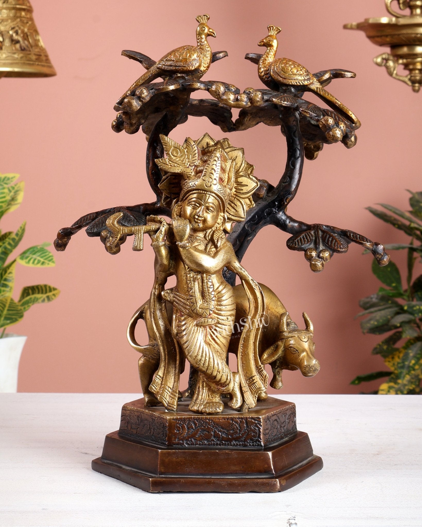 Brass Lord Krishna with Cow Under kadamba Tree Idol 11 inch - Budhshiv.com
