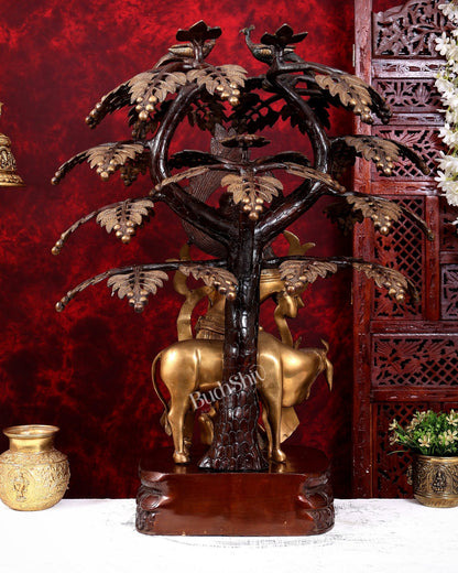 Brass Lord Krishna with Cow under Kalpavriksha – Large Statue 33" antique finish - Budhshiv.com