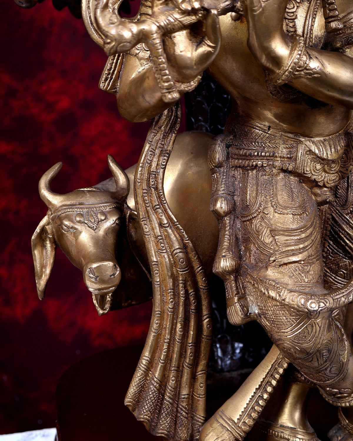 Brass Lord Krishna with Cow under Kalpavriksha – Large Statue 33" antique finish - Budhshiv.com
