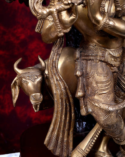 Brass Lord Krishna with Cow under Kalpavriksha – Large Statue 33" antique finish - Budhshiv.com