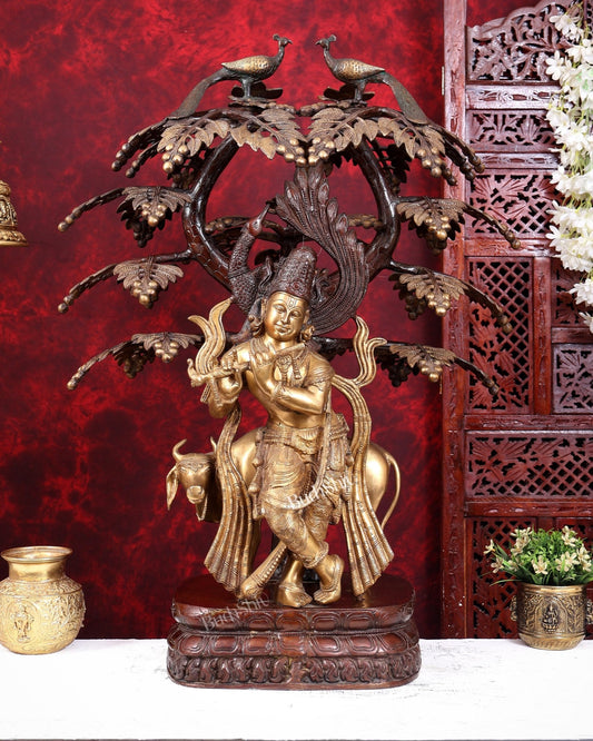 Brass Lord Krishna with Cow under Kalpavriksha – Large Statue 33" antique finish - Budhshiv.com