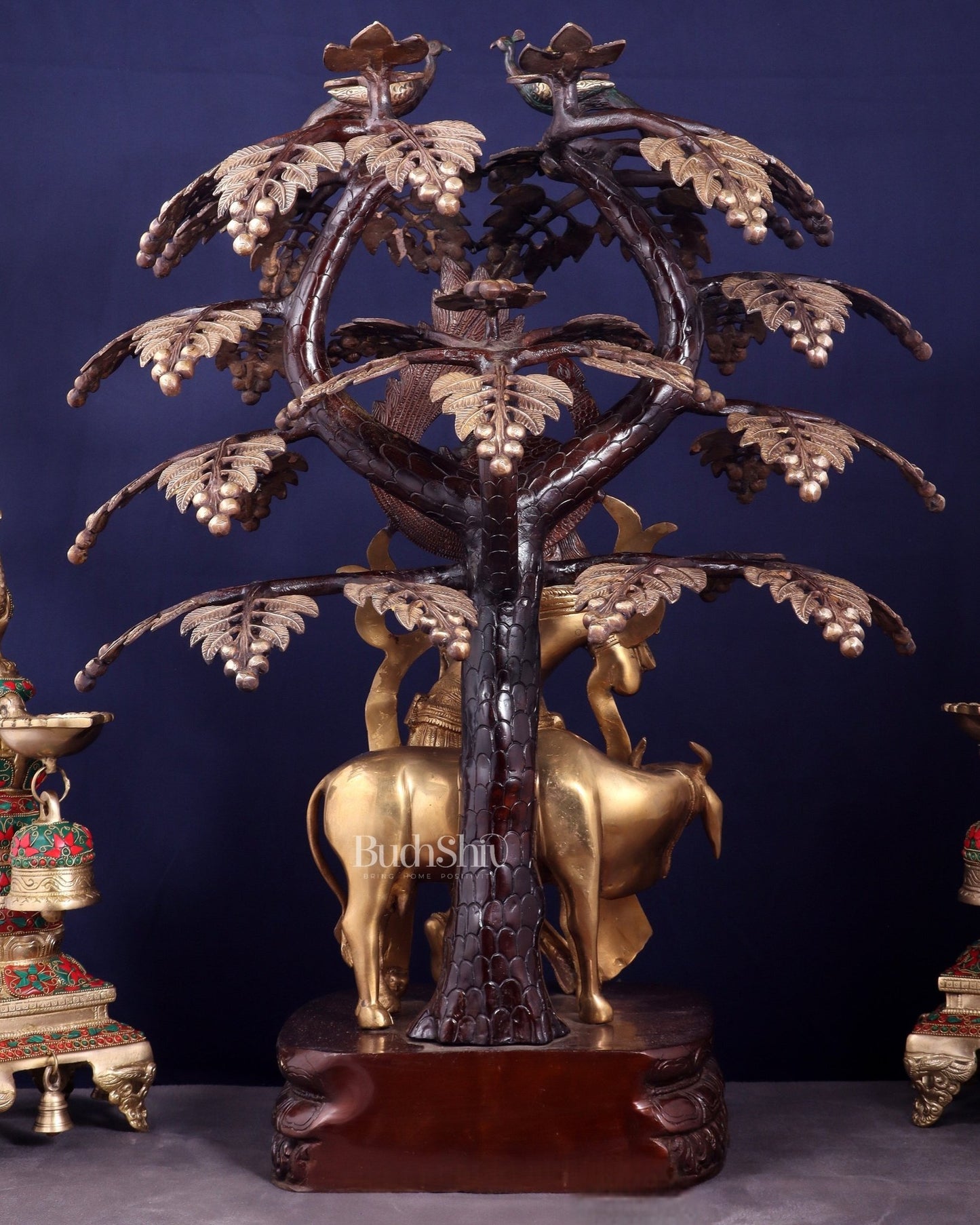 Brass Lord Krishna with Cow under Kalpavriksha – Large Statue 33" glossy copper and gold tone - Budhshiv.com