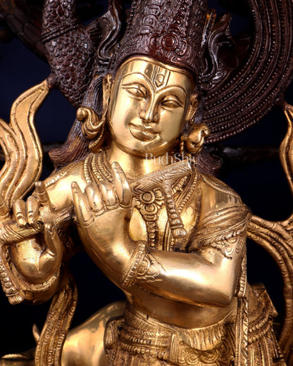 Brass Lord Krishna with Cow under Kalpavriksha – Large Statue 33" glossy copper and gold tone - Budhshiv.com