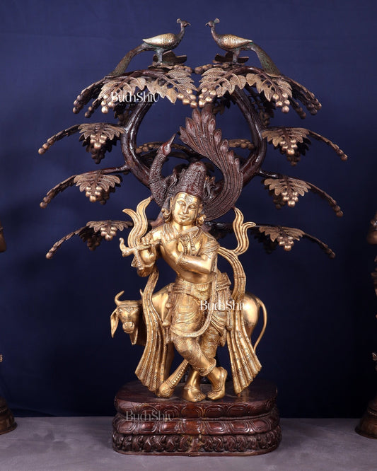 Brass Lord Krishna with Cow under Kalpavriksha – Large Statue 33" glossy copper and gold tone - Budhshiv.com