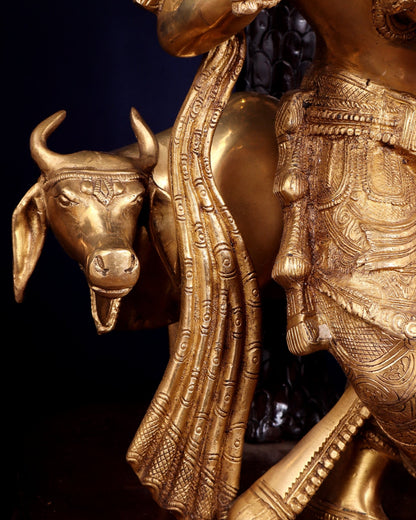 Brass Lord Krishna with Cow under Kalpavriksha – Large Statue 33" glossy copper and gold tone - Budhshiv.com