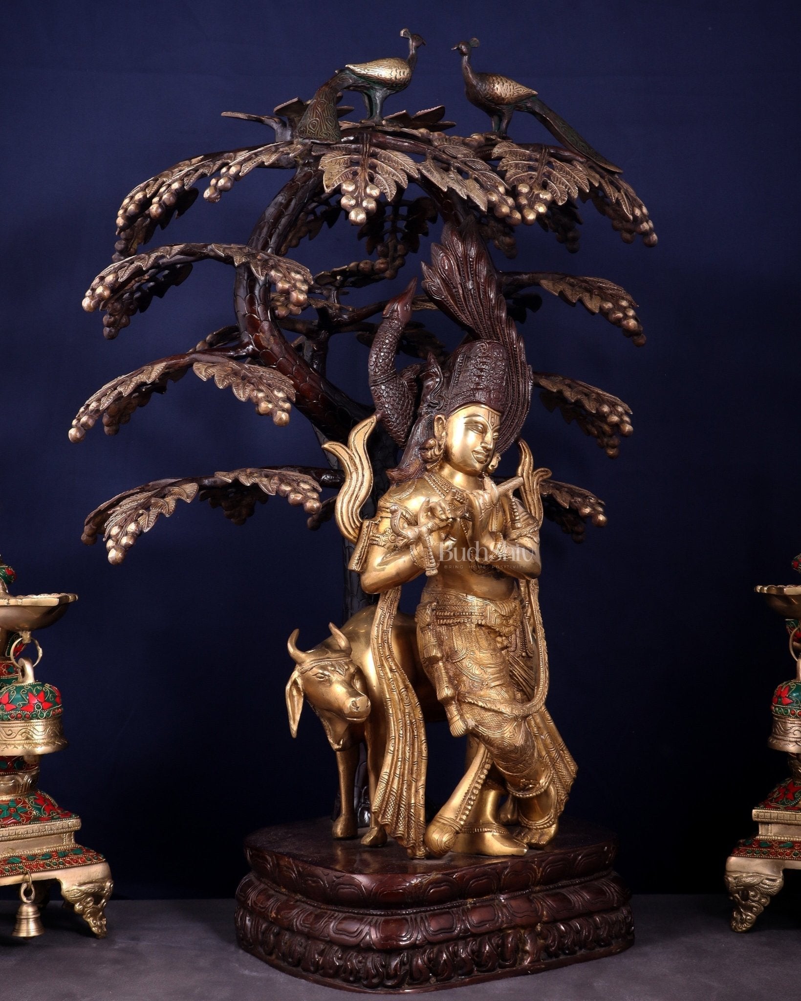 Brass Lord Krishna with Cow under Kalpavriksha – Large Statue 33" glossy copper and gold tone - Budhshiv.com